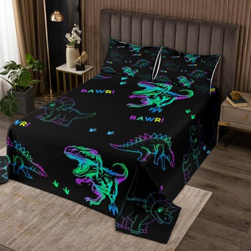 Trippy Dinosour Kids Bedspread Queen Size,Wildlife Animals Paws Toddle Coverlet Set,Boys Men Room Decor,Watercolor Neon Dinosaur Quilted Coverlet,Black Cute Bedding Quilt,2 Pillowcases