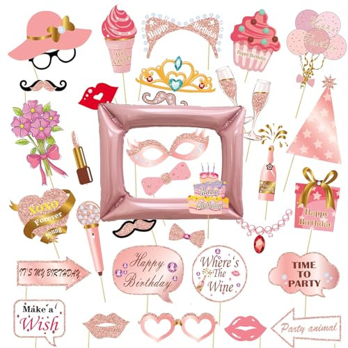VEROA 34 PCS Birthday Party Photo Booth Props,Ladies Men Rose Gold Photo Booth Frame Suitable Holiday Party Supplies Theme Inflatable Photo Booth Frame