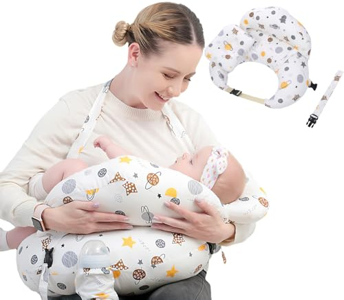 LengSuaa Nursing Pillow for Breastfeeding Baby, Multifunctional Breast Feeding Pillow with Adjustable Waist Strap and Safety Fence, 100% Cotton Removable Pillowcase, Happy Planet