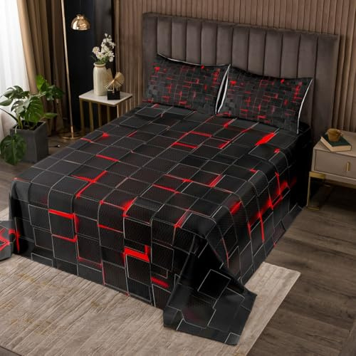 Homewish Couvre-Lit 260x240 Carré Géométrique Moderne 3D, Dessus de Lit 2 Personnes Adulte Néon Rouge, Couverture de Lit Abstrait Moderne, Jetés de Lit Géométrique Noir, 2 Taies d'oreiller 51x75cm