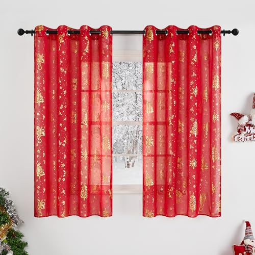 KGORGE Rote Weihnachtsgardinen mit Ösen 160cm Hoch Schlafzimmer Voile Gardinen Weihnachtsmotiv Transparent Weihnachts Vorhänge Weihnachtliche Gardinen Weihnachten, 2er Set H 160 x B 140 cm