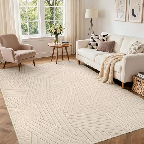 BEIMO Beige Wohnzimmer Teppich, Waschbar & rutschfest, 160x230 cm | Weiche 3D-Optik im modernen Boho-Stil sorgt für mehr Wohnkomfort in Schlafzimmer, Wohnzimmer oder Flur