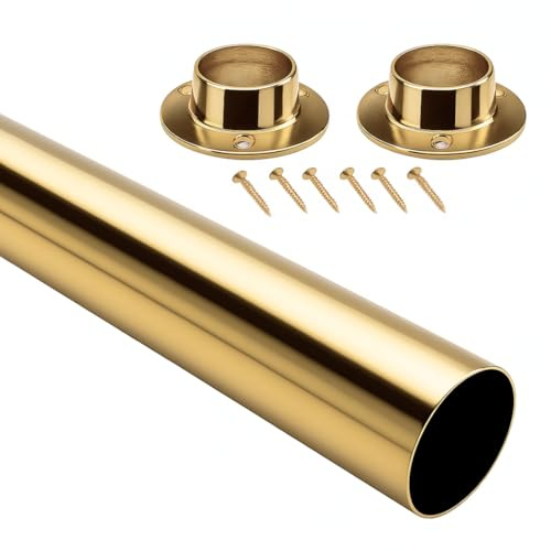 Round Wardrobe Rail 19mm 25mm Brass or Chrome Clothes Hanging Rail with End Sockets Strong Cut to Size for Wardrobes, Closets, Cupboards, Bedroom Storage (Brass Plated, 19mm x 1000mm)