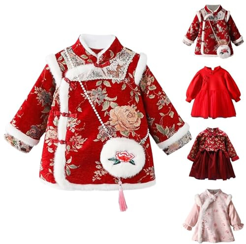 Robe de Nouvel An chinois pour bébé - Robe traditionnelle brodée florale - Jolie robe chaude en tulle avec bordure en polaire Cheongsam - Col montant Qipao, blanc, 12-18 mois