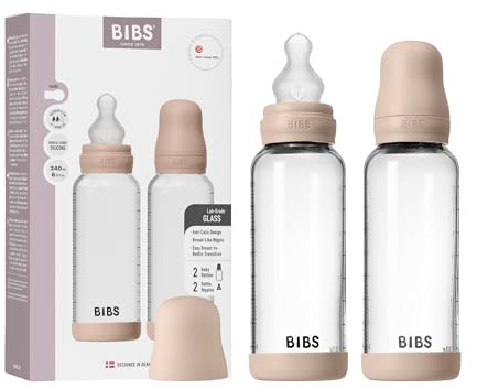 BIBS Baby Glass Bottle. Lot de 2. Anti-colique. Embout rond en Silicone. Favorise l’allaitement naturel, Complete Set - 240 ml (Pack of 2), Blush