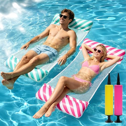 Luftmadrass pool tillbehör kul, 2 stycken vattenhängmattor med nät, 4-i-1 luftmadrass vattenhängmatta, 130 x 70 cm kulledge med luftpump, simmadrass, vattenstol för pool, strand semester