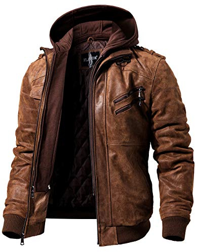 FLAVOR Veste en Cuir véritable - Homme à Capuche (XXL, Marron)