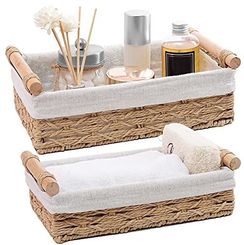DUOER Round Paper Rope Storage Basket, Wicker Baskets for Organizing with Handle, Decorative Bins for Countertop, Toilet Paper Basket for Toilet Tank Top, Small Baskets Set (Set of 2,Beige)