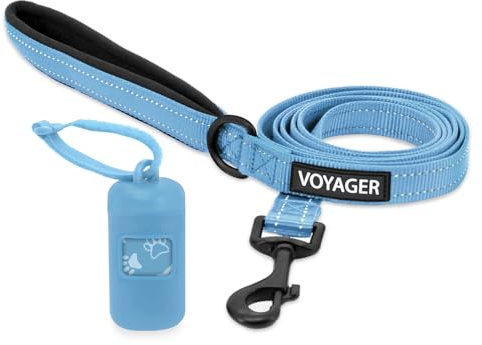 Voyager Reflektierende Hundeleine mit Neoprengriff und wiederverwendbarem Mesh Dispenser-Kotbeutel-Halter by Best Pet Supplies, Babyblau, Size M