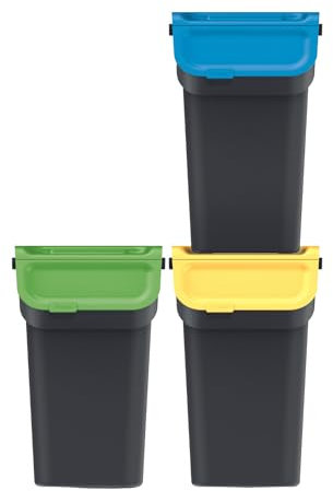 Keden Kaddi Q Système de tri sélectif, 3 x 25 l, avec filtre à charbon actif, bac de tri sélectif, avec couvercle, poubelle de recyclage, en plastique, noir