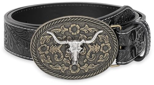 WHIPPY Mens Cowboy Belt Western Belts for Men Women with Engraved Floral Bull Head Buckle Western Leather Buckle Belt for Jeans