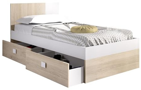 DEKIT GRUPO RIMOBEL Dina - Cama de 90X190 con Dos cajones bajo Cama - Natural/Blanco - 79 x 97 x 196