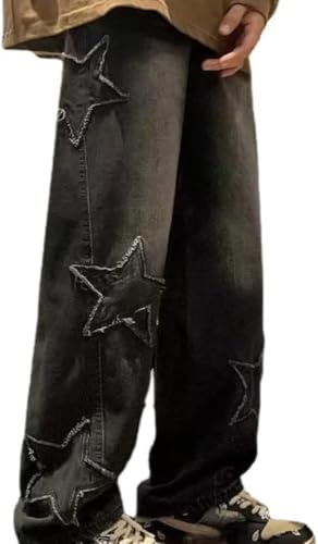 Suncadmious Y2K Holgados Jeans Mujeres Fairycore Estrella Patchwork Demin Pantalones Grunge EMO Ropa gótico Jogger Pantalones de chándal (Negro,S)