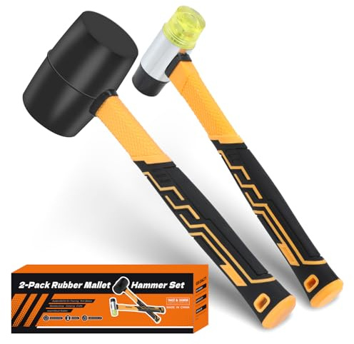 2-Pack Rubber Mallet Hammer Set, 16oz & 35mm Tool for Flooring, Tent Stakes, Woodworking, Camping, Crafts, Jewelry Wood，Fiberglass Shockproof Cushioned Grip, (16OZ 35MM Rubber Hamme)