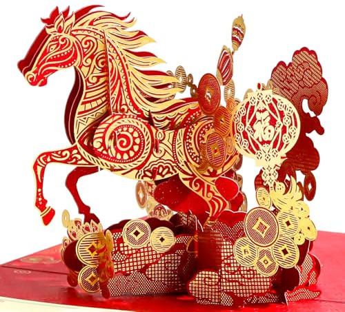 BIZIBAFF 3D Pop-Up Chinese New Year Card & Decorations 2026 - Year of The Horse - Handmade Lunar New Year Greeting Cards with Envelope, Unique Spring Festival Gifts for Family & Friends