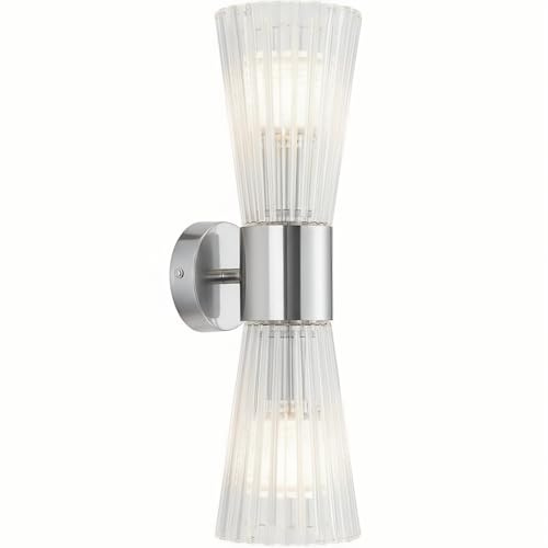 NICRX Aplique de Pared de Cristal 2 Luces E14 Doble Extremo Vidrio Acanalado Diseño Reloj de Arena Lámpara de Pared Moderna Acabado Plateado para Dormitorio Salón Pasillo Escalera Hotel (Plateado)