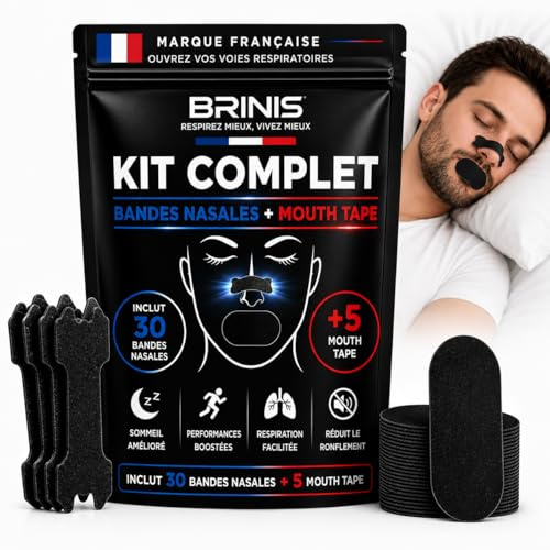 BRINIS Kit Complet Bande Nasale + Mouth Tape – Écarteur Nasal Anti Ronflement – bandelettes nasales pour Mieux Respirer, Dormir et Sport – 30 dilatateur nasal + 5 Mouth Tape