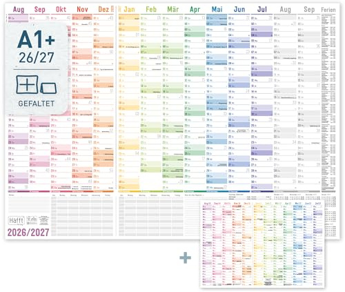 Häfft® XXL Wandkalender Schuljahr 2026 2027 A1 + (89 x 63 cm) groß, gefaltet/gefalzt, Jahresplaner, Schuljahreskalender, Schuljahresplaner Wand Rainbow