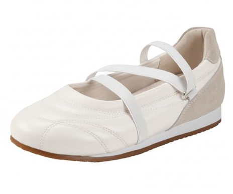 RYLENDOR Mary Jane Sneakers for Women Sneakerina Elastic Cross Strap Ballet Shoes Low Profile Sporty Stitch Lightweight Ballerina, Ivory, 8.5