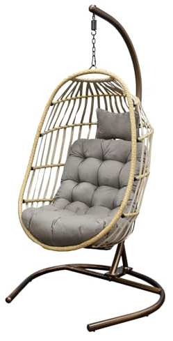 SH&G Hanging Egg Chair with Stand & Cushion Set - All-Weather Brown Rattan Garden Swing Chair - Weather Resistant Steel Frame - Indoor & Outdoor