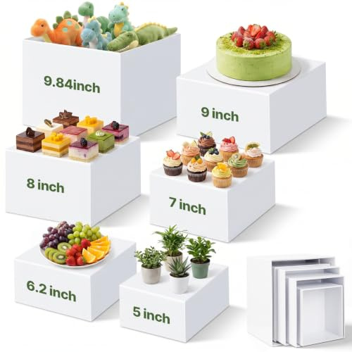 Buffet Risers 6 Pcs 5x6x7x8x9x10 Inch Food Cake Display Riser w/ Signs a Pen Acrylic Catering Dessert Jewelry Figures Collectible Table Decor Fruit Bread Container Display Stand Cube Shelf Storage Box