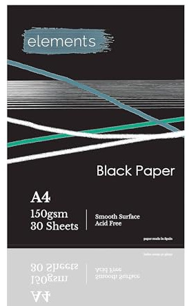 Elements A4 Black Paper Sketch Pad – 150gsm Black A4 Paper, Ideal for Creatives & Artists, Smooth Surface for Mixed Media Techniques, Suitable for Pastels, Graphite, Markers & Crafting – 30 Sheets