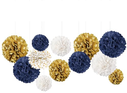 NICROLANDEE Wedding Party Decorations - 12 PCS Navy Blue and Gold Tissue Paper Pom Poms for Colleage Graduation, Baby&Bridal Shower, Birthday, Bachelorette Party, Engagement Party, Anniversary Party