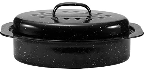 JY COOKMENT Granite Roaster Pan, Small 13” Enameled Roasting Pan with Domed Lid. Oval Turkey Roaster Pot, Broiler Pan Great for Small Chicken, Lamb. Dishwasher Safe Cookware Fit for 7Lb Bird