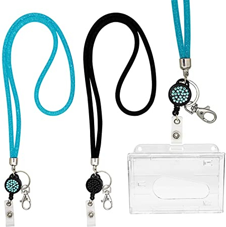 Jizxol Lot de 2 lanières en cristal avec porte-carte d'identité, extensibles avec porte-cartes transparent et porte-clés, pour étudiants, employés, médecins (bleu + noir)