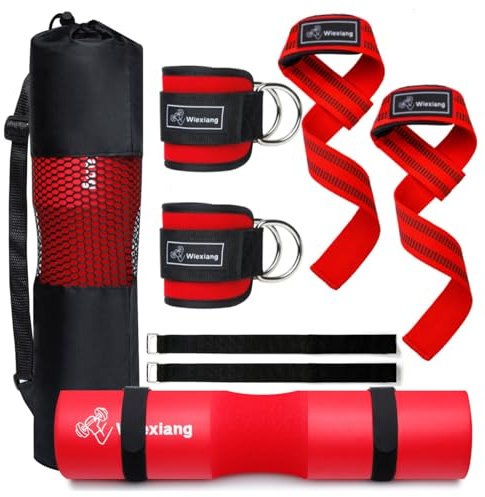 Wiexiang Barbell Pad Set for Squat Hip thrust pad, Fits Standard Olympic Bars and Smith Machine, Lifting Straps Ankle Strap For Cable Machine Squat Pad Safety Straps and Carry Bag, gym accessories for