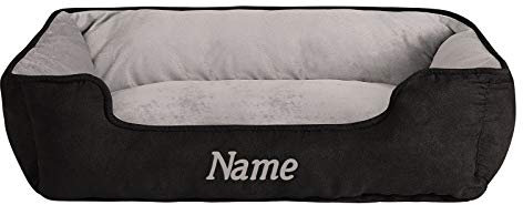 lionto Hundebett 2-in-1 mit komfortablem Einstieg, kuscheliges Heimtierbett zum Wenden für Hunde und Katzen, 110x80 cm, Hundekissen in pflegeleichter Wildlederoptik, schwarz/grau (Namensaufdruck)
