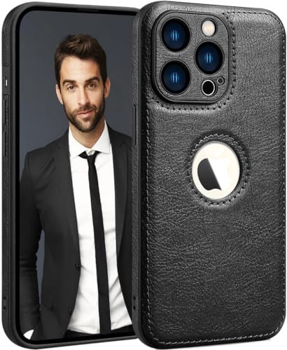 SOUTEM Custodia in pelle PU per iPhone 15 Pro Max,Cover di Protezione per L'obiettivo della Fotocamera,PU Pelle Sottile Lusso Business Antiscivolo Grip Rugged Antiurto Pieno Protettivo Case(Nero)