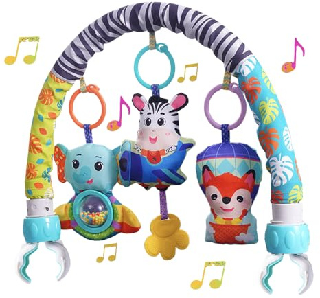 Baby Stroller Arch Mobile With Universal Clamps - Clip-On Activity Bar for Bassinet, Bouncer, Crib, Car Seat - Musical Infant Toys With Elephant Squeaker and Zebra Rattle
