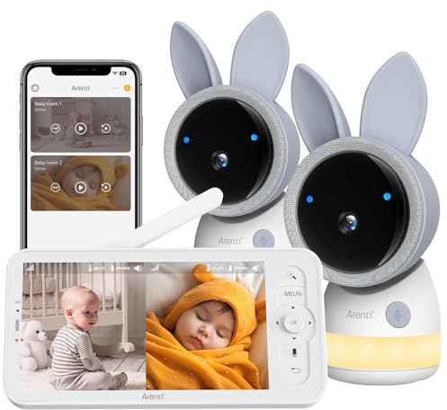 ARENTI 2K Wifi Baby Monitor 2 Cameras,Split Screen,App&Monitor Contorl,Smart,Temp&Humidity Sensor,720P 5-inch HD Display,Lullabies,Motion&Cry Detection,Two Way Audio,Remote Pan Tilt Zoom