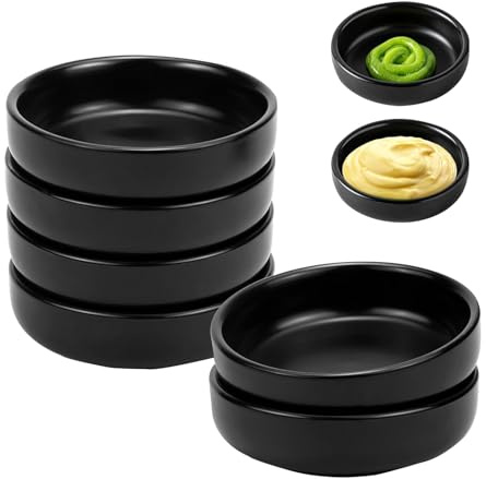 Platos de Cerámica para Salsa de Soja, 6 Piezas Cuencos para Salsa de Soja, 9 x 9 x 2,4 cm Salsera Redonda Apilable, Cuencos Pequeños de Cerámica(Negro)