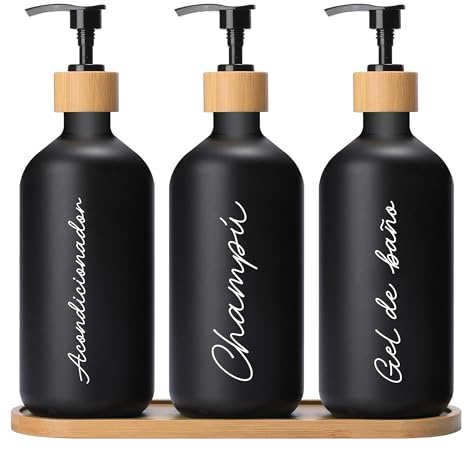 Dispensador De Jabón Baño Kivora – Set De 3 Botes para Gel Y Champú con Base De Bambú, Dosificador Jabón Baño 500 ml, Botes Baño Rellenables para Ducha Y Encimera.