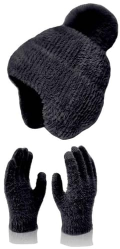 Mössa med öronlappar män kvinnor och män höst vinter varm söt ull hatt halsduk handskar tre stycken vinter stickad mössa skärm mitten halsdukar set flygarhuva med glasögon, svart, En Storlek