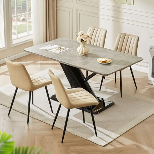 LEMROE Beige Dining Chairs Set of 4 Faux Leather, Metal Legs Kitchen Chair | Armless Accent Chairs Upholstered Seat with Backrest, Waterproof for Kitchen Dining Room Bedroom Office Reception Room Modern