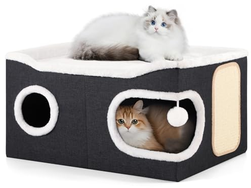 Niche Pliable pour Chat, Maison d'intérieur pour Grands Chats, 61 x 45 x 32 cm, 2 Couches de Cube pour Chat, XXL avec griffoir et Balle de Jeu,Niche pour Grands Animaux de Compagnie, Noir-Gris