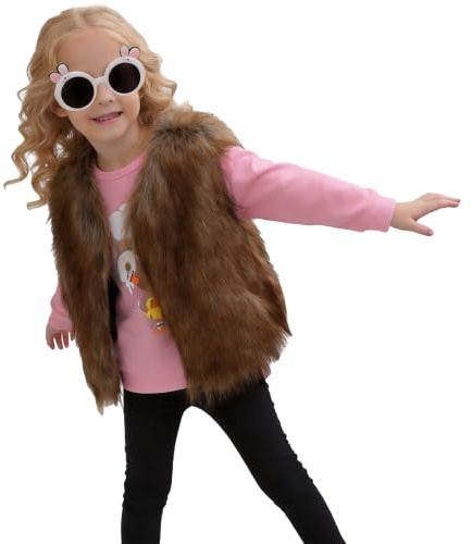 OhMill Faux Fur Gilet Girls Brown Fur Vest Kids Sleeveless Jacket Fuzzy Vests Winter Plush Coat Cowgirl Vest for Girls