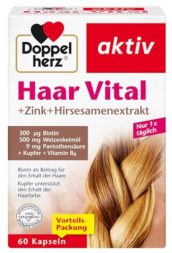 Doppelherz Haar Vital + Zink + Hirsesamenextrakt - mit Biotin als Beitrag für den Erhalt normaler Haare - Kupfer unterstützt den Erhalt der normalen Haarfarbe - 60 Kapseln