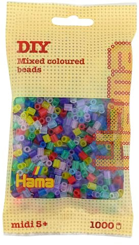 Hama Perlen 207-53 Bügelperlen Beutel mit ca. 1.000 bunten Midi Bastelperlen mit Durchmesser 5 mm im Transparent Mix, kreativer Bastelspaß für Groß und Klein