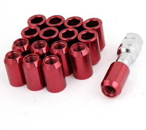 sourcing map 16 Stück M12x1.5 Hexagon Diebstahlsicherer Radmuttern aus Kohlenstoffstahl mit Sechskantschlüssel, Universal Radmuttern mit offenem Ende, Rot