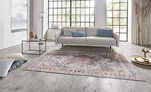 Nouristan Asmar Teppich – Wohnzimmerteppich Orient-Touch Detailiertes Muster Florales Kurflor Flachgewebe Teppich für Esszimmer, Wohnzimmer, Schlafzimmer – Blau, 80x150cm