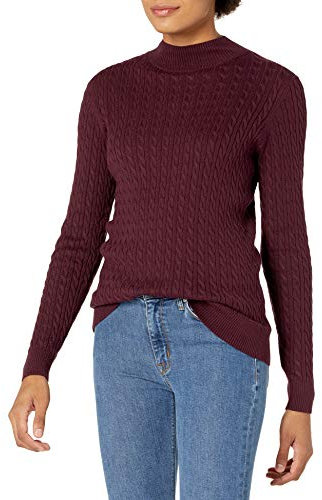 Amazon Essentials Damen Leichter Langarm-Pullover mit Stehkragen und Zopfmuster in klassischer Passform, Burgunderrot, XS