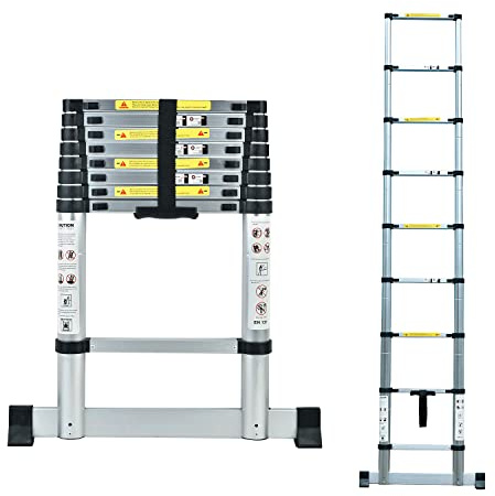2,6M Teleskopleiter, Aluminium Rutschfester Klappleiter Stehleiter Mehrzweckleiter mit Stabilisator, 150 kg/330 Pfund Belastbarkeit Schwarz