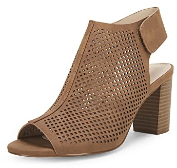 Coutgo Heels for Women Open Toe Boots Cutout Ankle Strap High Heel Chunky Block Sandals, Brown, 6 UK