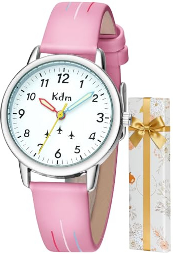 KDM Orologio Bambino Bambina Analogico: Orologio da Polso Bambini 5-12 Anni Cinturino Pelle Rosa - Facile da Leggere Orologi Ragazza Educativo Luminoso Impermeabile Regalo Bambina