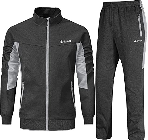 Rdruko Mens Long Sleeve Tracksuits, Light Grey and Dark Grey XL