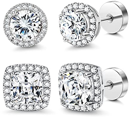FASACCO 14K Flat Back Round Square Stud Earrings for Men Women Large Big Cubic Zirconia Stud Earrings Mens Earrings Flatback Earrings